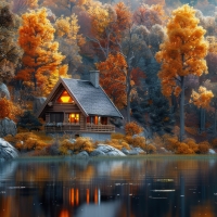 Autumn log house reflected on serene lake