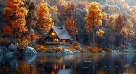 Autumn log house reflected on serene lake - erdo, evad, fahaz, fak, haz, kovek, novenyzet, osz, oszi lombozat, oszi szinek, sziklak, tajkep, tavacska, termeszet