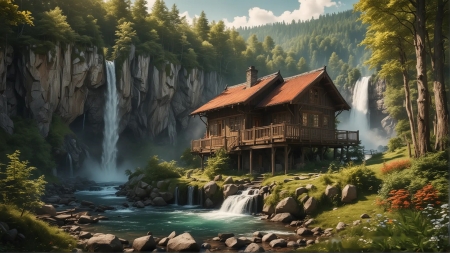 Enchanting Wood Cottage by Majestic Waterfall - artwork, cabin, cascades, clouds, digital, river, sky, trees