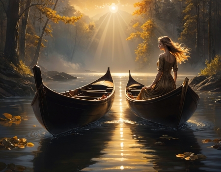 Young girl in boat amidst autumn serenity - csonak, erdo, evad, fak, folyo, lany, napfeny, osz, oszi lombozat