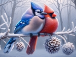 Red cardinal's blue friend