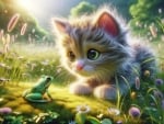 Fluffy kitten looks at the green frog