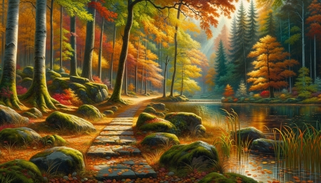 Autumn day in a forest - erdo, kovek, levelek, mohas kovek, osz, oszi lombozat, oszi szinek, szines fak, tavacska, ut