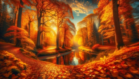 Golden autumn forest - arany, erdo, evad, lehullo levelek, osz, oszi fak, oszi lombozat, oszi szinek, tavacska