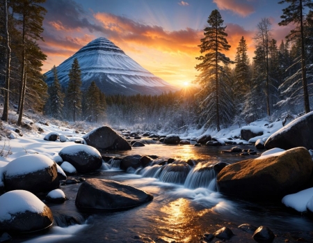 Winter Sunset Over Serene Mountains - egbolt, felhok, havas, hegyek, ho, kovek, napfeny, naplemente, patak, tel, termeszet, zuhatag