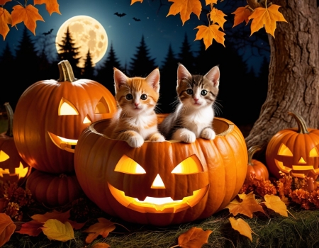 Two kittens are sitting in a hollowed out pumpkin - ejszaka, faragott sutotok, macska, oszi fak, oszi levelek, oszi szinek, szabadban, telihold