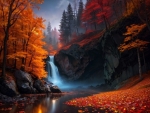 Amazing autumn waterfall at night