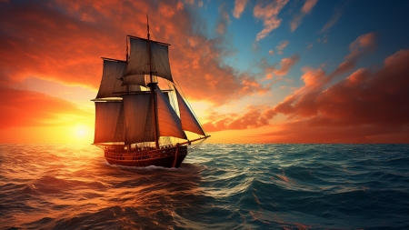 Sunset Sailing - art, clouds, colors, digital, ocean, saiking, ship, sky, sunset