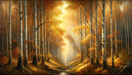 Autumn in the birch forest - erdo, evad, fak, kovek, napfeny, nyirfa, osveny, osz, oszi levelek, patak, taj, termeszet, ut