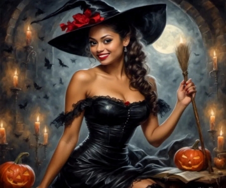 Witches of Windsor Woods - bats, candles, halloween, lights, moon, night, pumpkins, woman