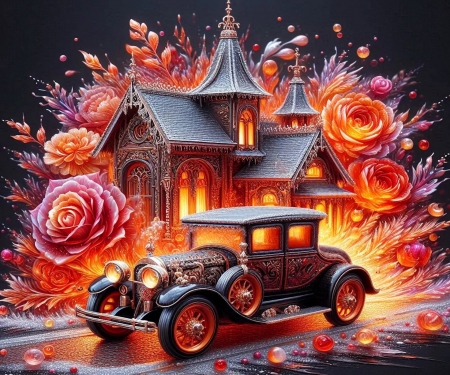 Victorian Petal Halloween Car - artwork, digital, flowers, house, lights