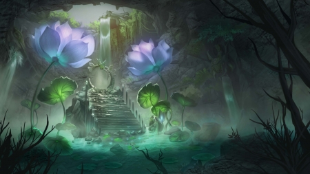 Lotuses - art, blue, cally cheok, fantasy, flower, green, lotys, luminous, temple