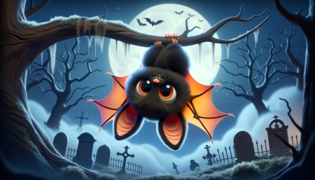 During a full moon, a bat hangs upside down from a tree branch - aranyos, denever, ejszaka, faag, fejjel, halloween, kiserteties, log, repulo deneverek, sirkovek, telihold