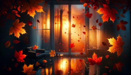 Bright autumn leaves gently float in the air - erdo, fenyes, hangulatos, lebegnek, levego, napnyugta, osz, oszi levelek, oszi szinek, padlo, sotet, szoba