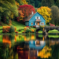 Blue house on the edge of a lake