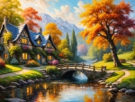 Cottage next to a calm river with vibrant autumn trees