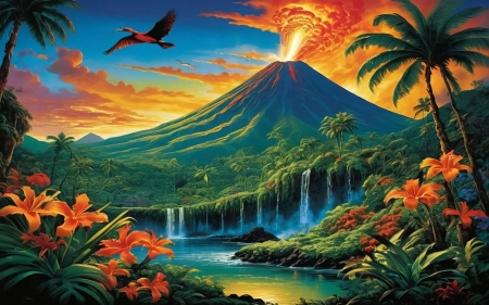 Lost paradise - art, bird, clouds, digital, flowers, mountain, river, sky, sunset, trees, waterfalls