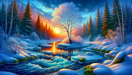 Sunrise in the cold landscape - egbolt, erdo, fak, fenyok, folyo, havas, ho, jegtabla, kovek, napfeny, napkelte, partresz, teli