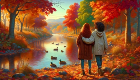 Girls at the autumn river - evad, fak, folyo, hegyek, kacsak, kovek, lanyok, lehullott oszi levelek, osz, oszi fak, oszi lombozat, oszi szinek, taj