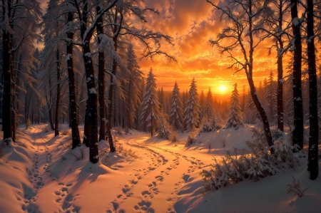 Winter forest at sunset - bekes, egbolt, erdo, fak, felhos, fenyo, havas, ho, napnyugta, teli, teli taj