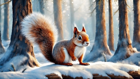 Squirrel in the cold winter forest - erdo, fak, havas, hideg, ho, kodos, mokus, ragcsalo, tel, termeszet