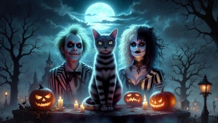 Percy - Lydia Deetz' cat - artwork, digital, halloween, moon, night, pumpkins