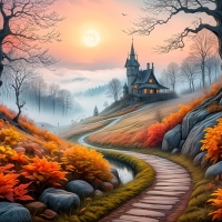 A mystical autumn path to a gothic home