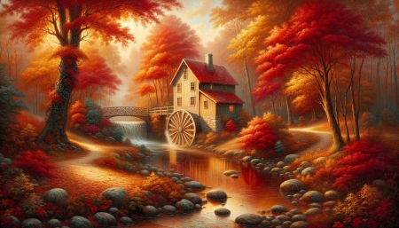 Autumn Serenity by the Tranquil Stream - erdo, fak, haz, hidak, kovek, oszi fak, oszi jelenet, oszi lombozat, patak, szines, szines novenyzet, ut, vizimalo, zuhatag