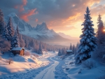 Snowy mountains and sunset