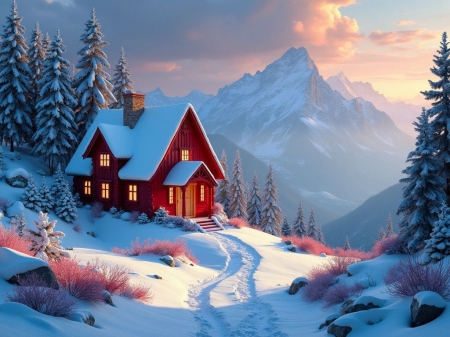 Calm winter nature with a cozy cabin - domboldal, egbolt, erdo, felho, fenyo, havas, haz, hegyek, ho, piros haz, tel, ut