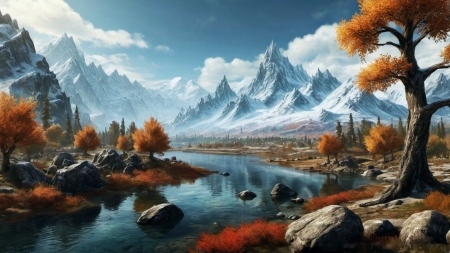 Autumn Landscape - artwork, digital, leaves, mountains, reflections, trees, water