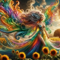 Rainbow Beauty Among The Sunflowers