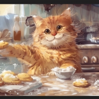 A funny Kawaii-cat baking cookies in a kitchen with flour on its nose and a cheerful smile