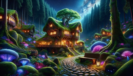 Fairytale cottage under the starry sky - csillagos egbolt, erdo, feny, gomba, magas fak, mesebeli haziko, novenyzet, termeszet, titkos