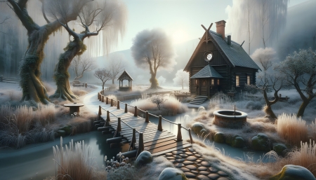 Winter wonderland with a forest landscape - csodaorszag, fagyos, fahidak, havas, haz, hideg, ho, kerites, novenyzet, taj, tavacska, tel, termeszet, ut