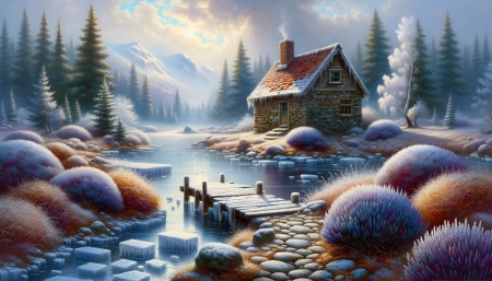 Snowy winter landscape with a calm frozen lake - befagyott, erdo, fagy, fenyo, havas, hegyek, hideg, ho, jegtabla, kod, kohaz, molo, novenyzet, tavacska, tel, termeszet