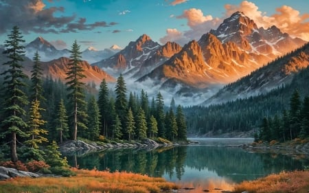 A New Day - artwork, digital, lake, landscape, rocks, trees