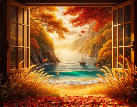 AUTUMN - artwork, colors, digital, fall, trees, water, window