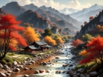 Impressionistic River Landscape with Wooden Cottage