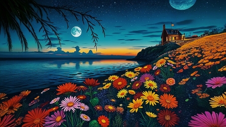 Saving Forever for You - dance, flowers, island, moonlight, romance, sea, sunset, vino