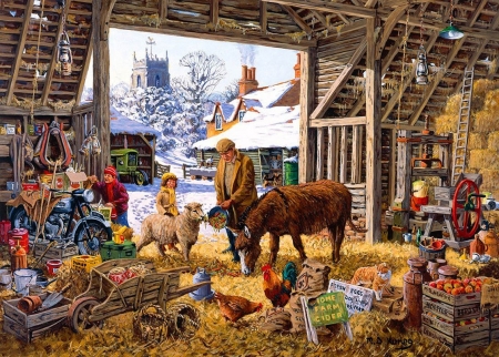 :) - animal, art, barn, chicken, countryside, farm, painting, people, pictura, sheep