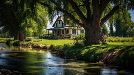 Charming Farmhouse at the River - Rivers & Nature Background Wallpapers ...