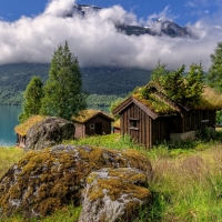 Small cabins at a norwegian fjord