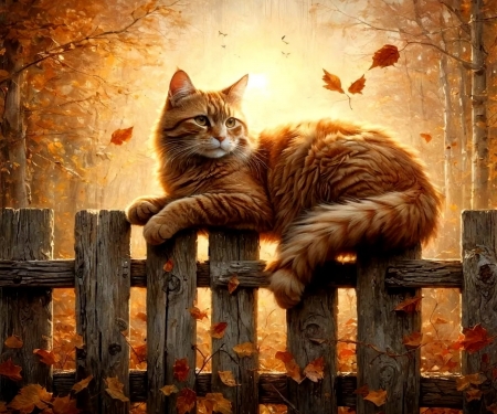 Beautiful Fall - art, cat, colors, digital, fence, leaves