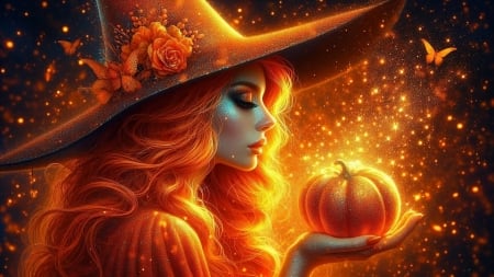 Sparkling Autumn - art, digital, girl, hat, pumpkins
