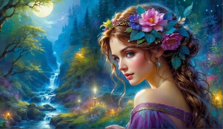Enchanted Beauty - art, beautiful, digital, fantasy, flowers, girl, lamamake art, purple, woma