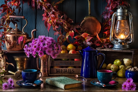Autumn harvest - apple, book, flowers, jug, kettle, lamp, pears, vase
