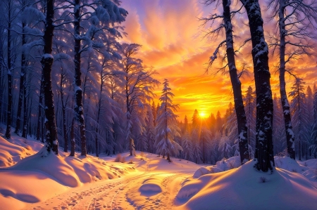 Winter forest at sunset - egbolt, erdo, este, felhok, fenyok, havas, ho, mely ho, napnyugta, tajkep, tel, ut