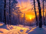 Winter forest at sunset