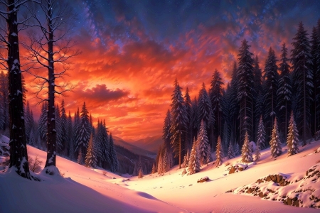 Mystical winter forest - bekes, fenyok, havas, hideg, ho, napnyugta, tajkep, teli, teli erdo, ut